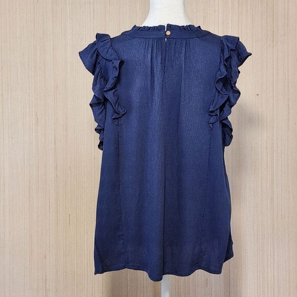 Democracy Ruffle Cap Sleeve Woven Top Blue Die Cut Lace Front Women's XL NWT - Picture 5 of 10